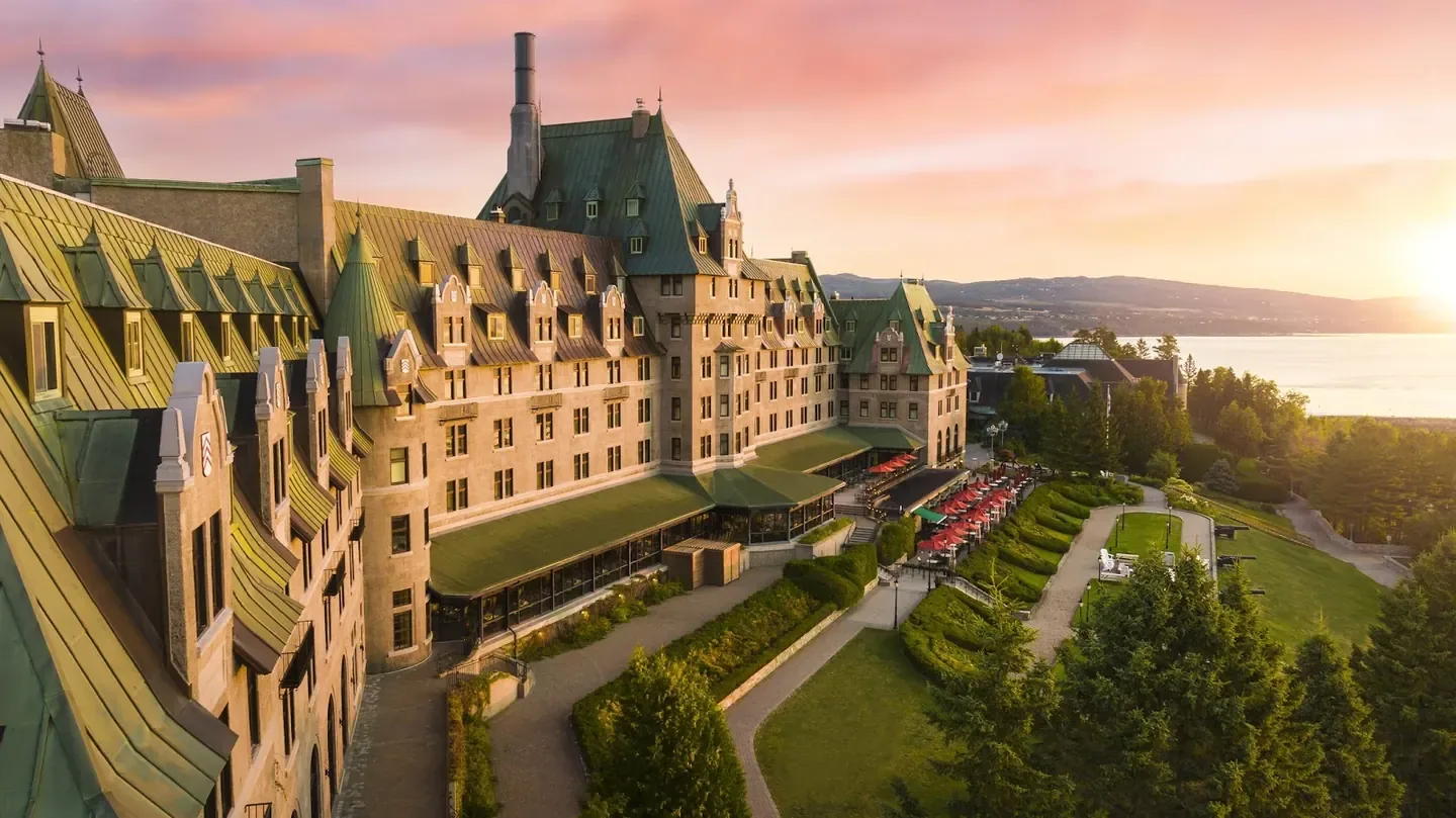 Waterfront hospitality façade overlooking the shore at La Malbaie, Quebec